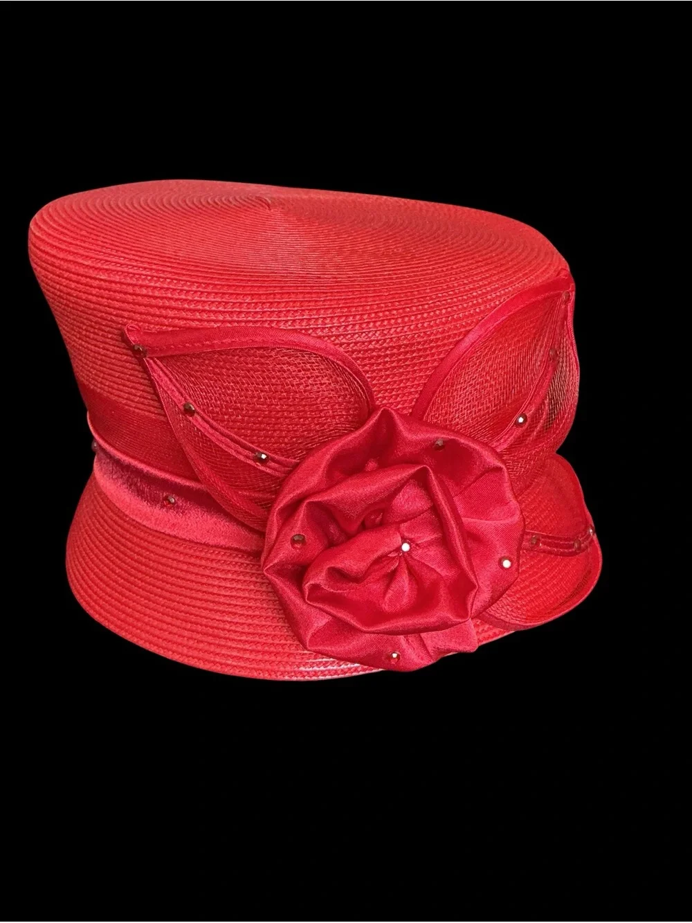 Women's New York Red Straw Hat with Satin Flower, Derby Hat, Sunday Best
